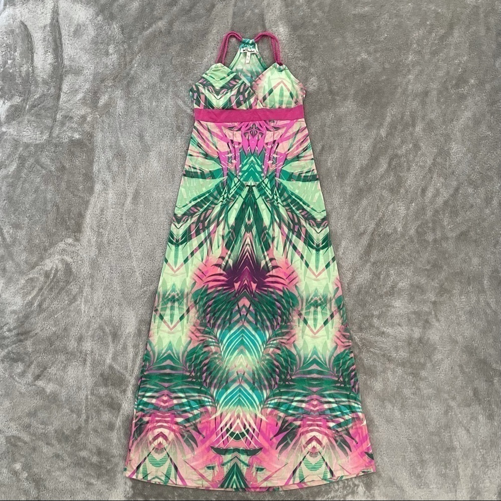 True Freedom Geometric Multi-Color Palm Maxi Dress Size Small Tropical Vacation